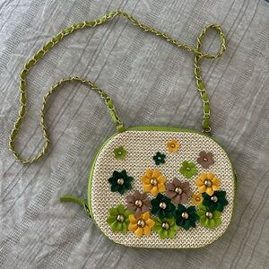 Vintage Floral Embellished Green and Yellow Women's Bag